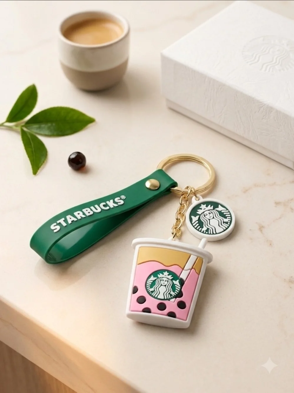 Starbucks Green Strap with Pink Boba Cup & Gold Logo Keychain